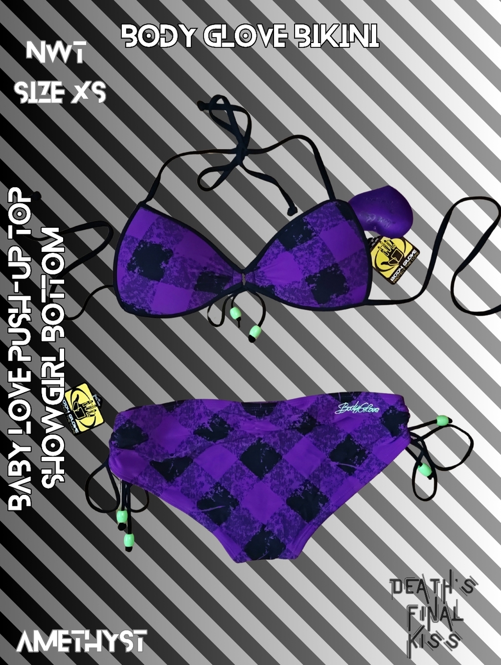Body Glove Amethyst Black Plaid Bead Baby Love Push Up Showgirl Cheeky Bikini XS
